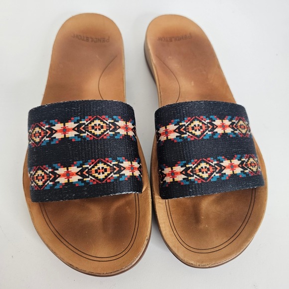 Pendleton Womens Sandals Brown Leather Aztec Carico Lake Black Tribal Slip On 8M - Picture 3 of 8